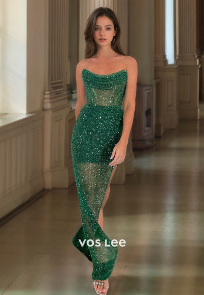 Luxury Sheath Strapless Dark Green Sequins Illusion Side Split Prom Holiday Dress