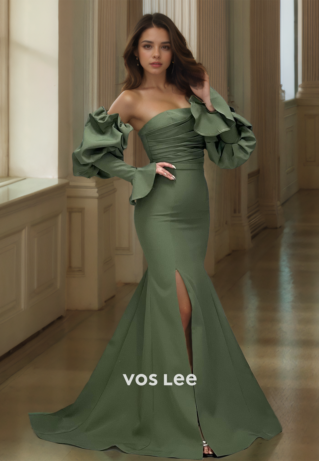 Unique Column Long Sleeves Off Shoulder Pleated Sweep Train Satin Prom Evening Dress with Split