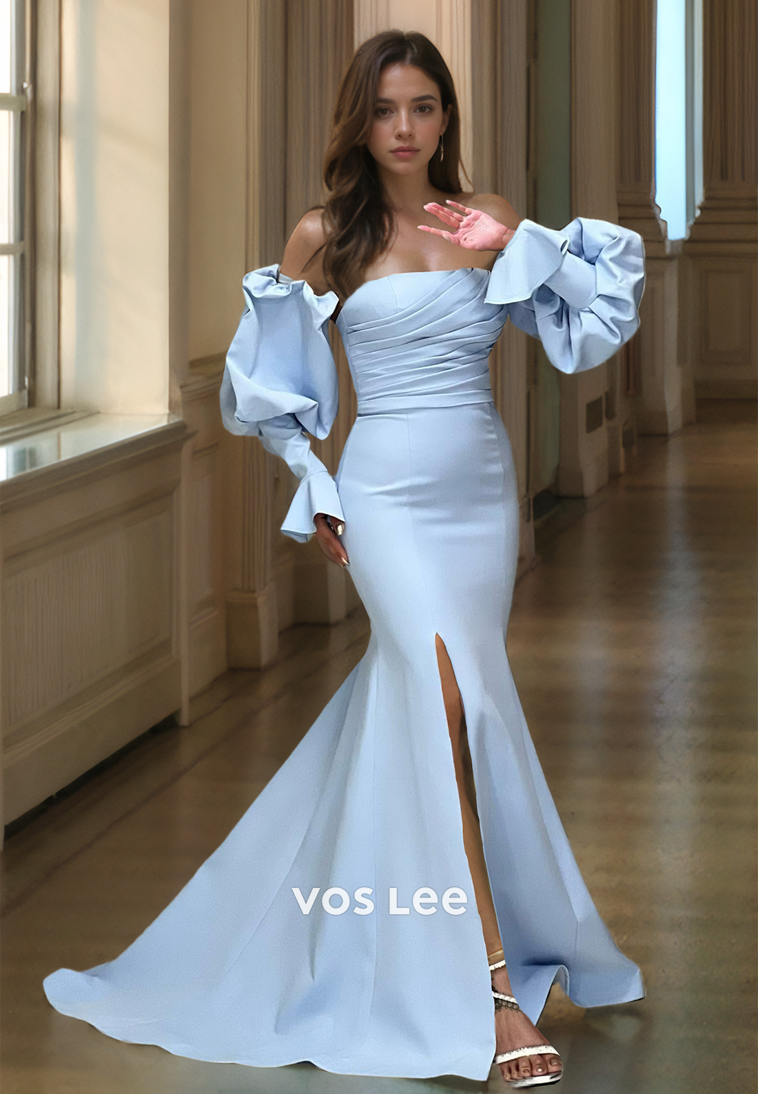 Unique Column Long Sleeves Off Shoulder Pleated Sweep Train Satin Prom Evening Dress with Split