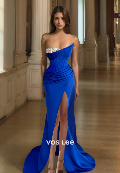 Elegant Sheath Strapless Draped Sleeveless High Split Back Zipper Satin Prom Party Dress