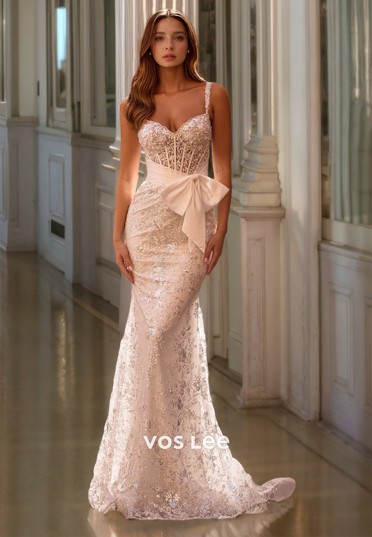 Gorgeous Sheath V Neck Mermaid Spaghetti Straps Bow Sequins Lace Appliques Prom Evening Dress