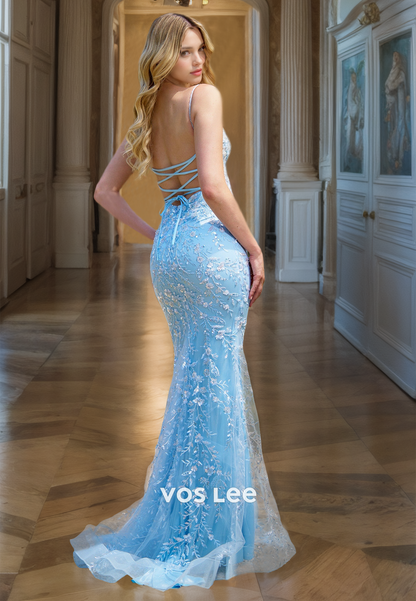 Sky Blue Plunging V Neck Illusion Spaghetti Straps Lace Appliques Sequins Prom Graduation Dress