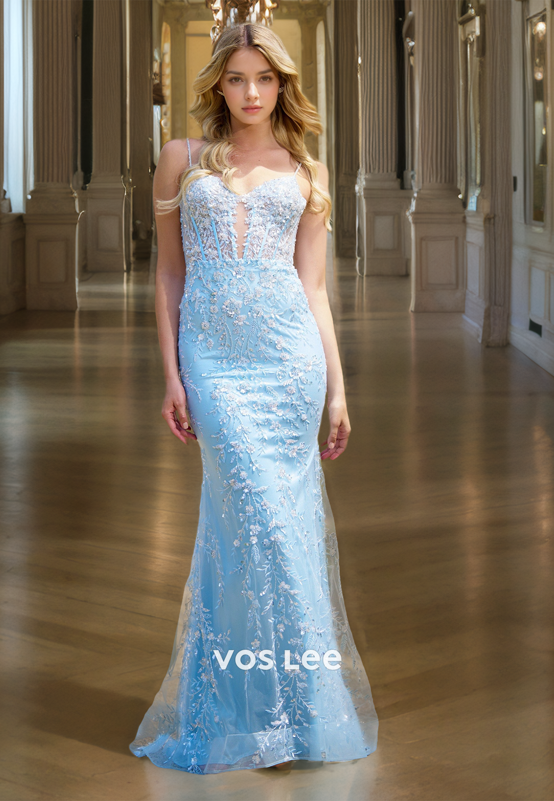 Sky Blue Plunging V Neck Illusion Spaghetti Straps Lace Appliques Sequins Prom Graduation Dress