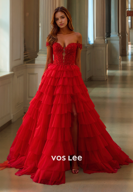 Gorgeous A-Line Off Shoulder Lace Appliques Tiered Back Zipper Tulle Prom Birthday Dress