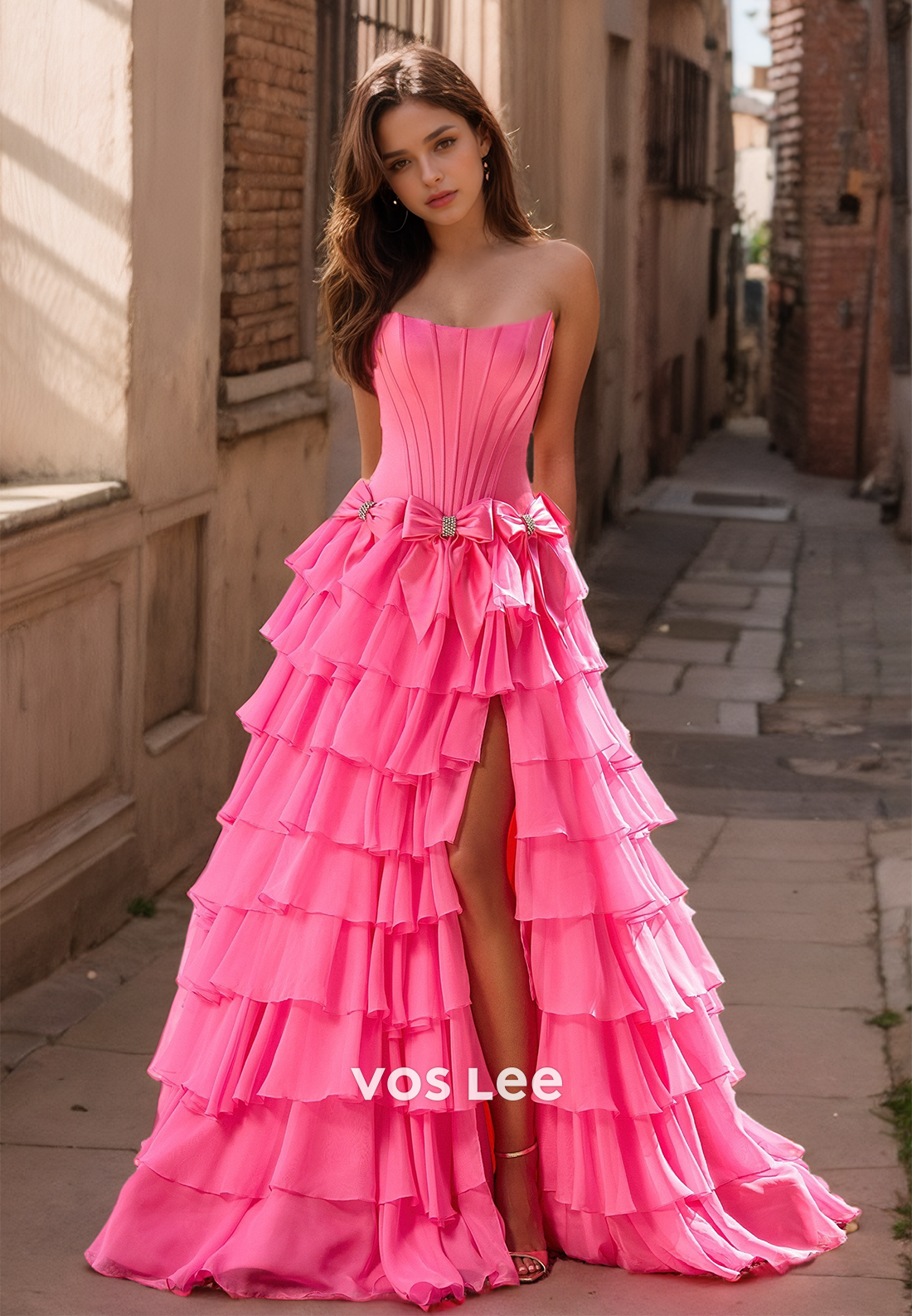 Modest A-Line Strapless Back Zipper High Split Bow Sweep Train Tiered Beaded Prom Foemal Dress