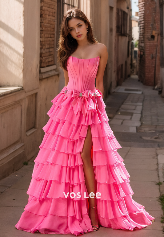 Modest A-Line Strapless Back Zipper High Split Bow Sweep Train Tiered Beaded Prom Foemal Dress