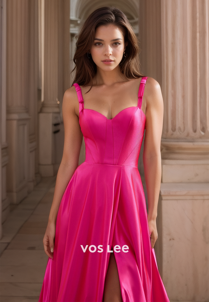 Unique A-Line Sweetheart Spaghetti Straps Fuchsia Sweep Train Ruched Satin Prom Formal Dress