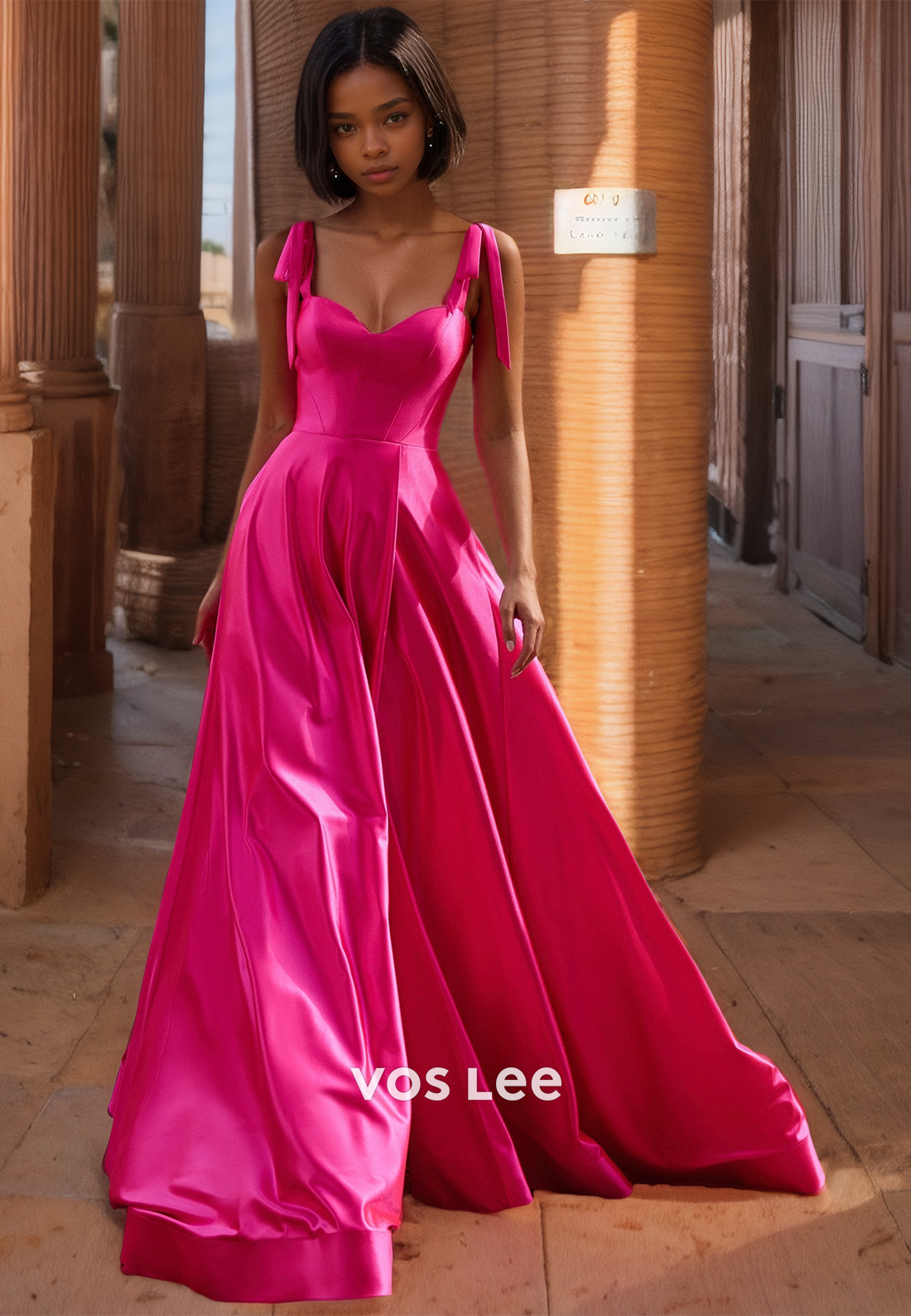 Unique A-Line Sweetheart Spaghetti Straps Fuchsia Sweep Train Ruched Satin Prom Formal Dress