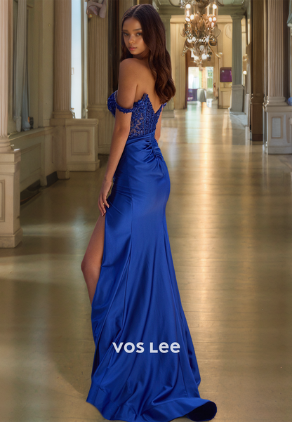 Royal Blue V Neck Column Spaghetti Straps Sleeveless Back Zipper Satin Prom Holiday Dress