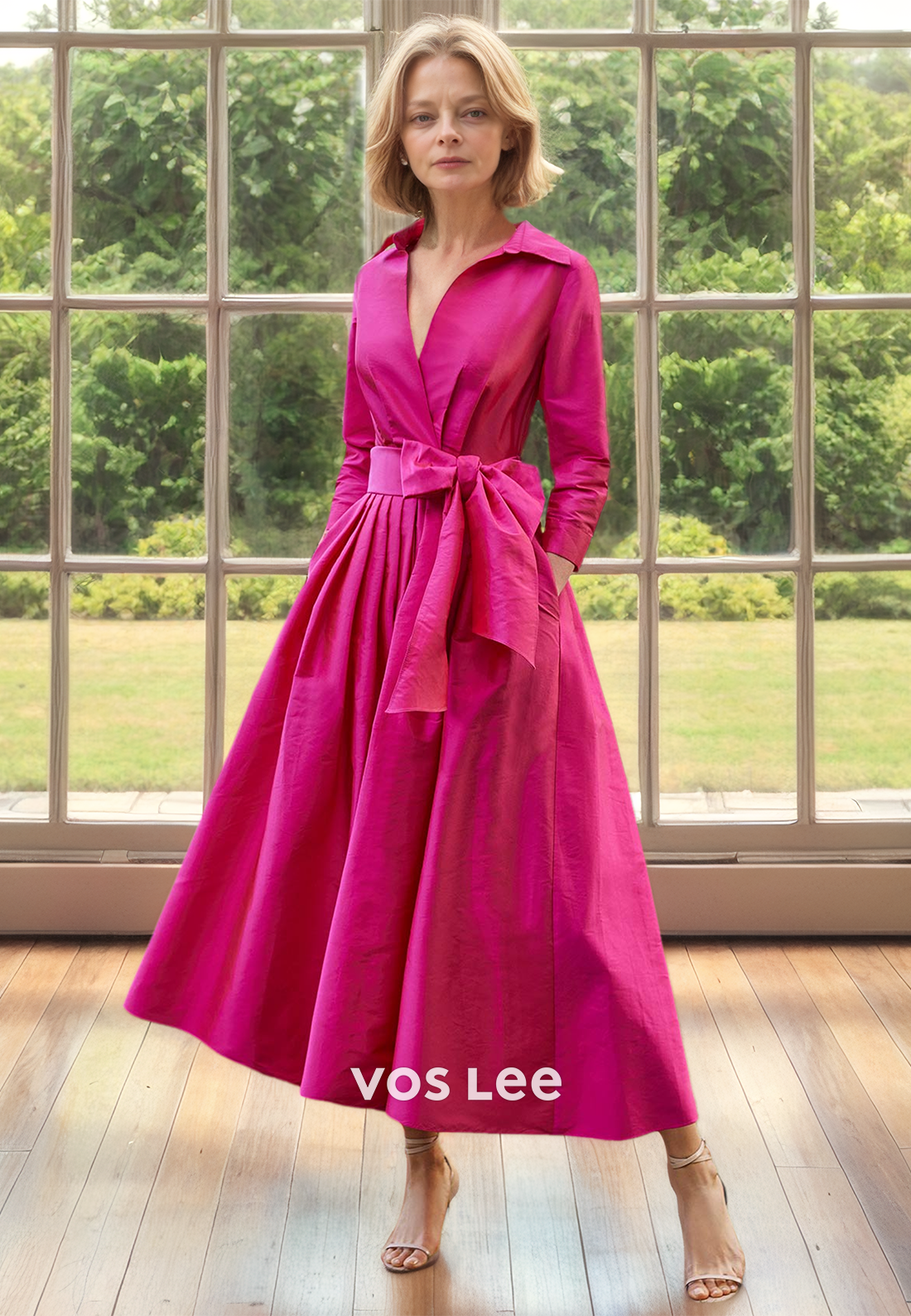 Simple V NeckA-Line Long Sleeves Bow Tea Length Mother of the Bride Dress