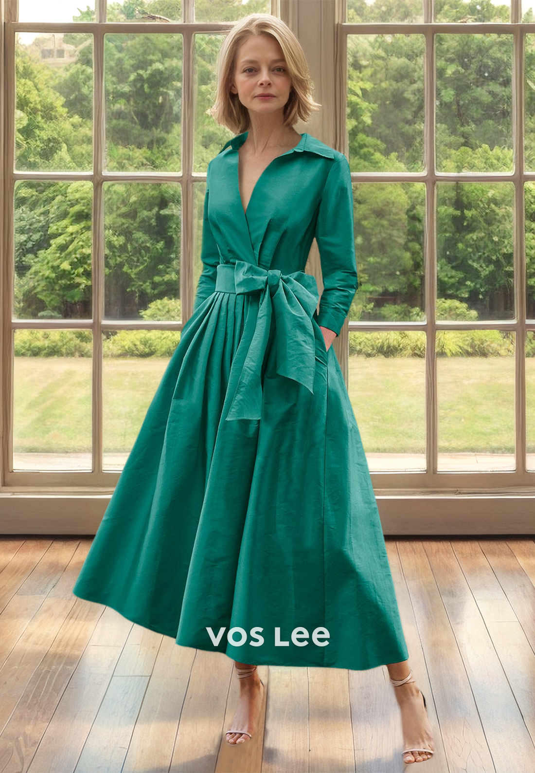 Simple V NeckA-Line Long Sleeves Bow Tea Length Mother of the Bride Dress