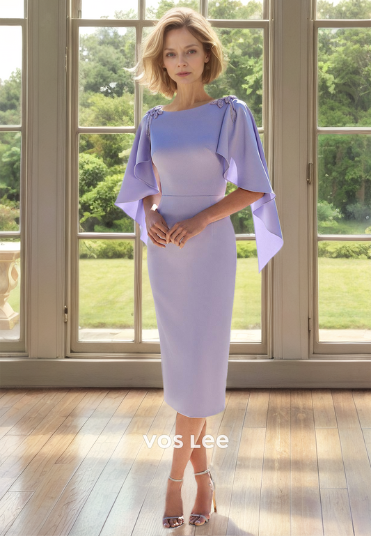 Elegant Sheath Bateau Half Sleeves Back Zipper Satin Mother of the Bride Dress