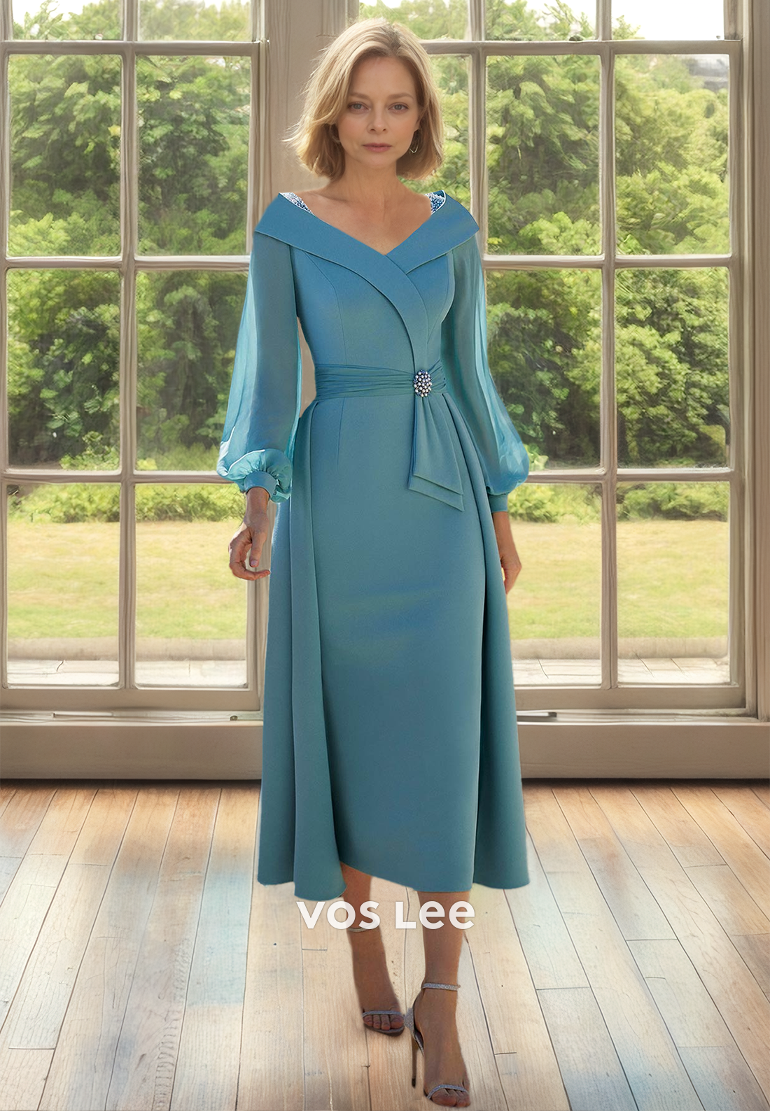 Simple Column V Neck Long Sleeves Ruffled Long Satin Mother of the Bride Dress