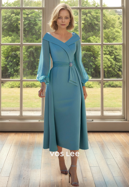 Simple Column V Neck Long Sleeves Ruffled Long Satin Mother of the Bride Dress