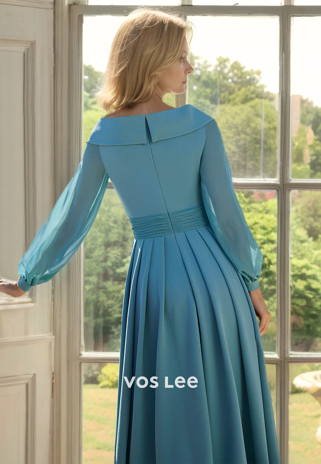 Simple Column V Neck Long Sleeves Ruffled Long Satin Mother of the Bride Dress