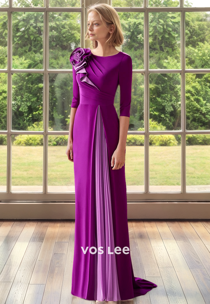 Charming Column Scoop Neck Half Sleeves Sweep Train Mother of the Evening Dress