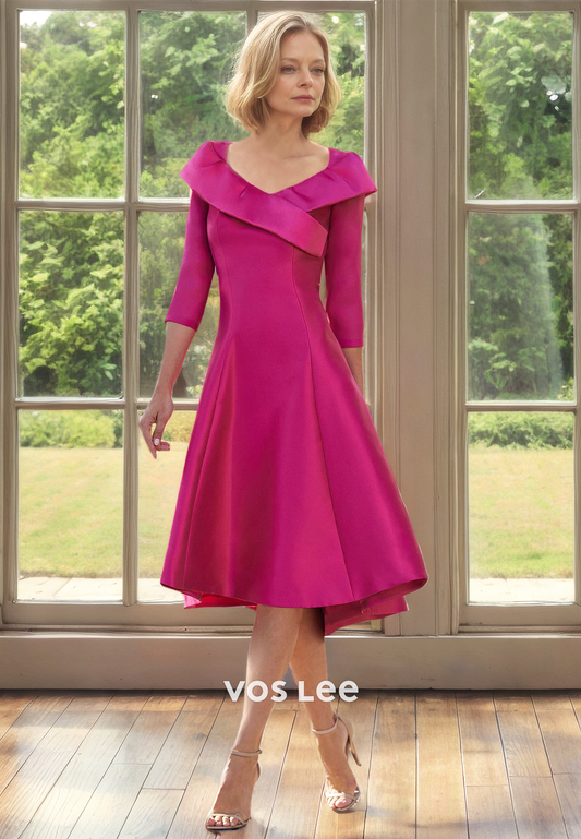 Simple A-Line V Neck Half Sleeves Pleated Long Fuchsia Satin Mother of the Bride Dress