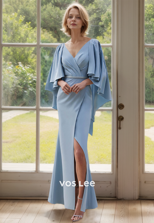 Simple Column V Neck Half Sleeves Side Split Floor Length Mother of the Bride Dress