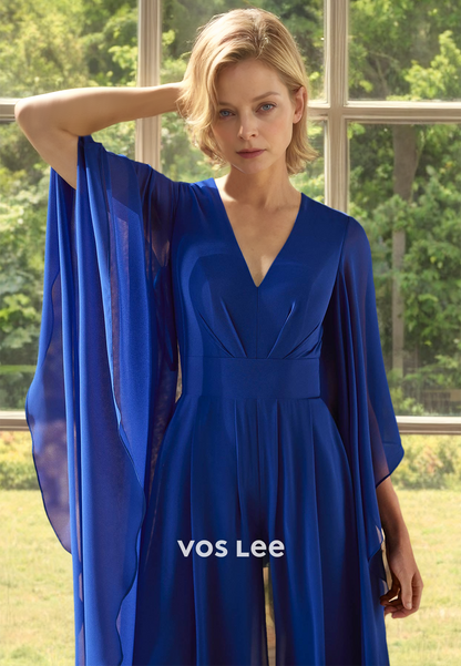 Modest V Neck Long Sleeves Jumpsuits Long Satin Mother of the Evening Dress