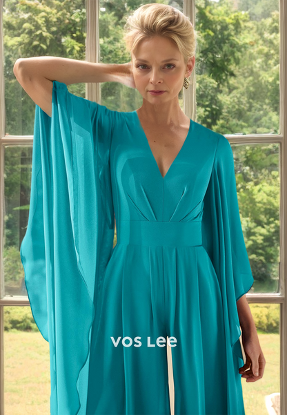 Modest V Neck Long Sleeves Jumpsuits Long Satin Mother of the Evening Dress