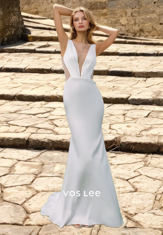 Sexy Column Plunging V Neck Backless Sweep Train Sequins Wedding Bride Dress