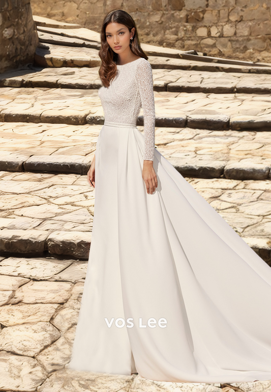 Elegant Sheath Long Sleeves Bateau Pleated Lace Appliques Satin Wedding Gown