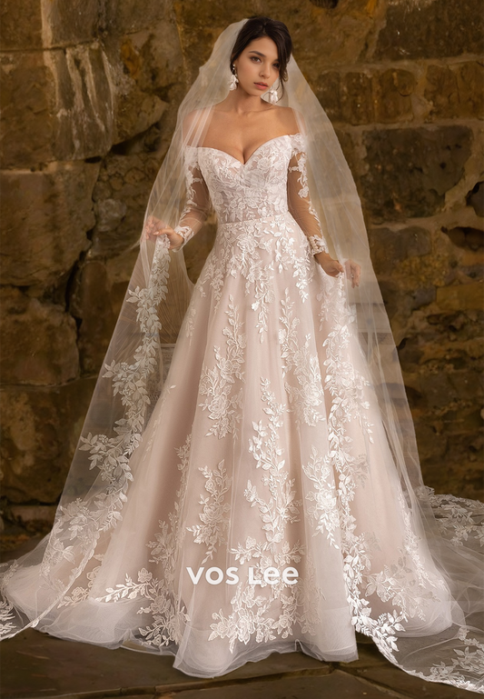 Gorgeous A-Line Off Shoulder Court Train Lace Appliques Tulle Wedding Gown