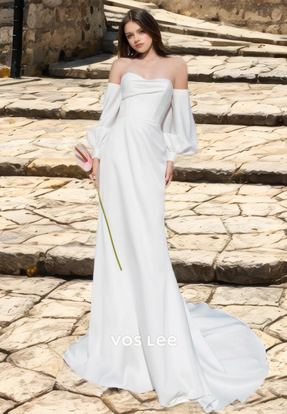 Modest Column Sweetheart Half Sleeves Sweep Train Draped Satin Wedding Dress