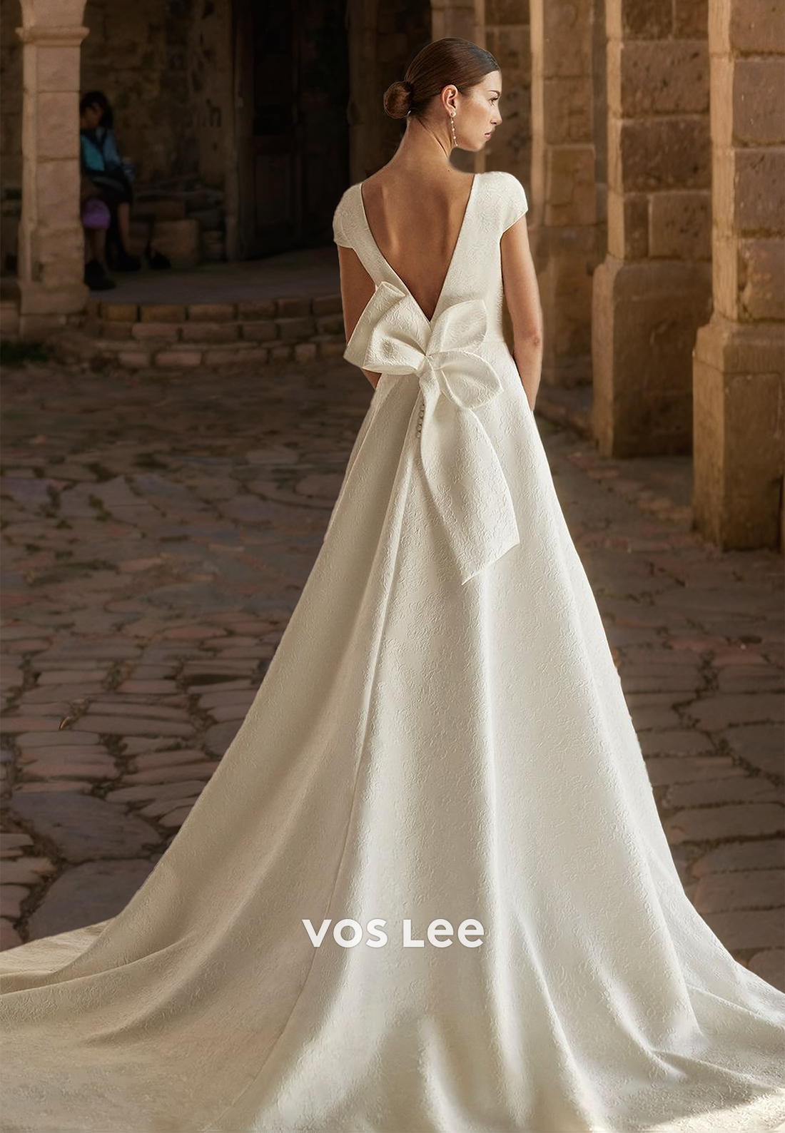 Classy A-Line Short Sleeves Bateau Backless Bow Court Train Draped Wedding Gown