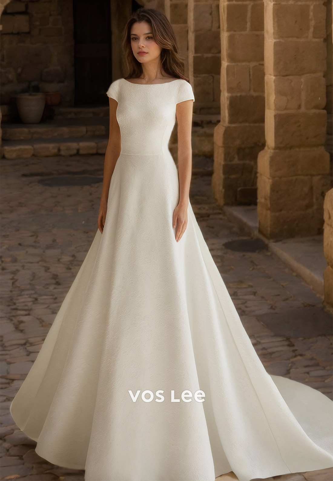 Classy A-Line Short Sleeves Bateau Backless Bow Court Train Draped Wedding Gown