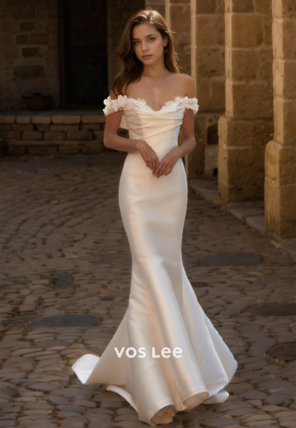 Ornate Off Shoulder Lace Up Column Court Train Detachable Satin Wedding Dress