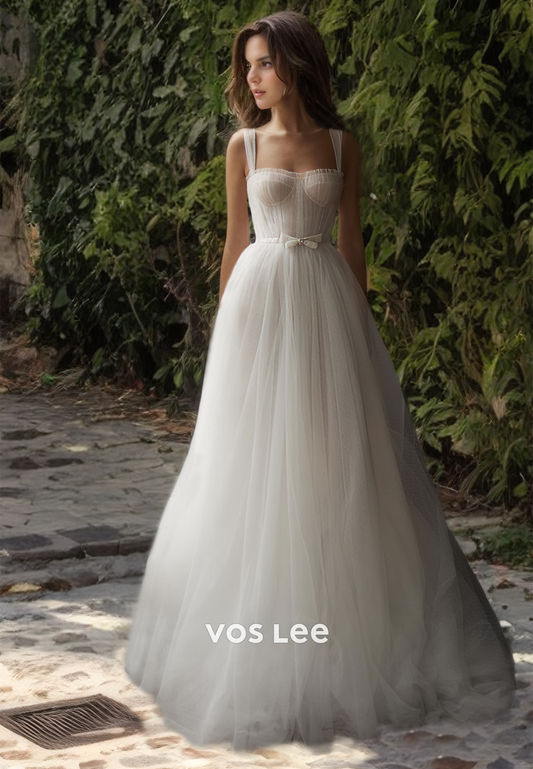 A-Line Sweetheart SDpaghetti Straps Backless Pleated Tulle Wedding Bride Dress