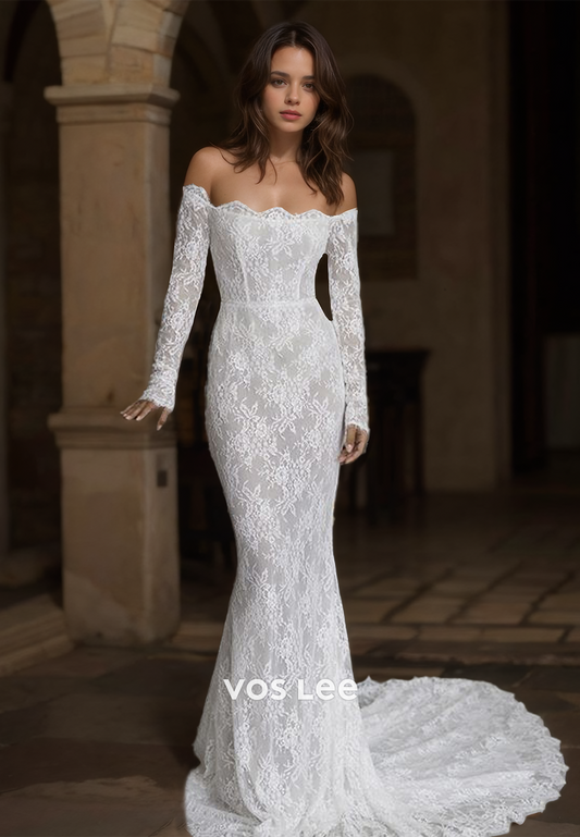 Luxury Off Shoulder Long Sleeves Mermaid Lace Appliques Wedding Bride Dress