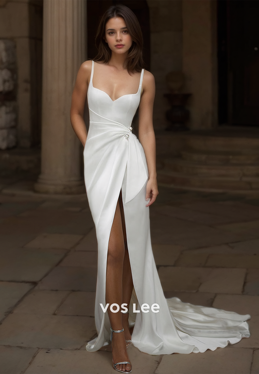 Sexy Column V Neck Spaghetti Straps Side Split Backless Satin Wedding Dress