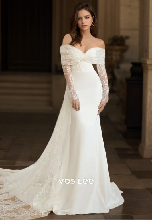 Graceful Sheath Off Shoulder Court Train Long Sleeves Pleated Tulle Wedding Gown