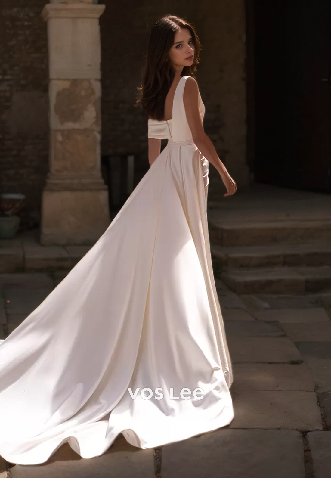 Classy One Shoulder Column Court Train Satin Draped Side Split Satin Wedding Dress