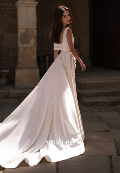 Classy One Shoulder Column Court Train Satin Draped Side Split Satin Wedding Dress