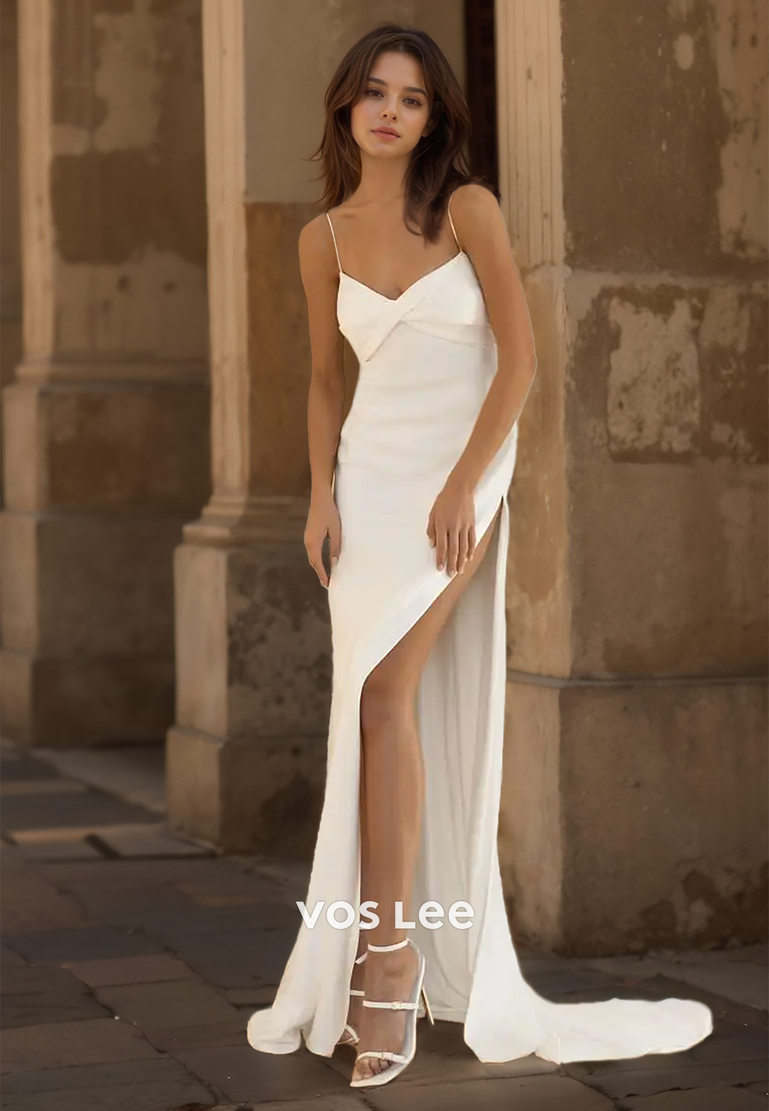 Sexy V Neck Spaghetti Straps Sheath High Split Ruched Satin Wedding Bride Dress