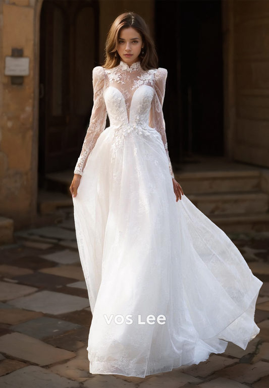 Plunging V Neck Illusion Long Sleeves Backless Pleated Tulle Wedding Gown