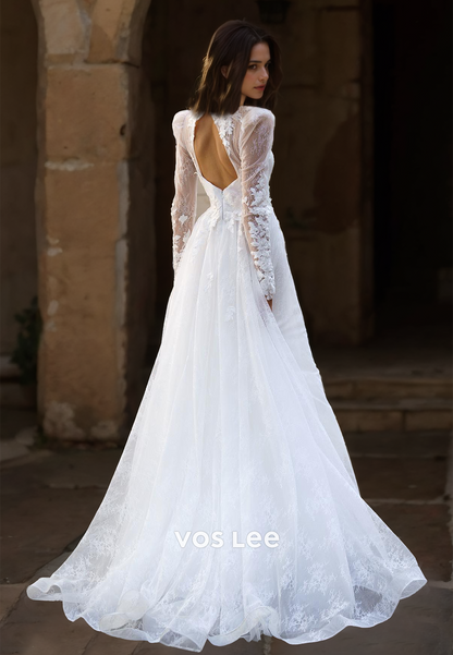 Plunging V Neck Illusion Long Sleeves Backless Pleated Tulle Wedding Gown