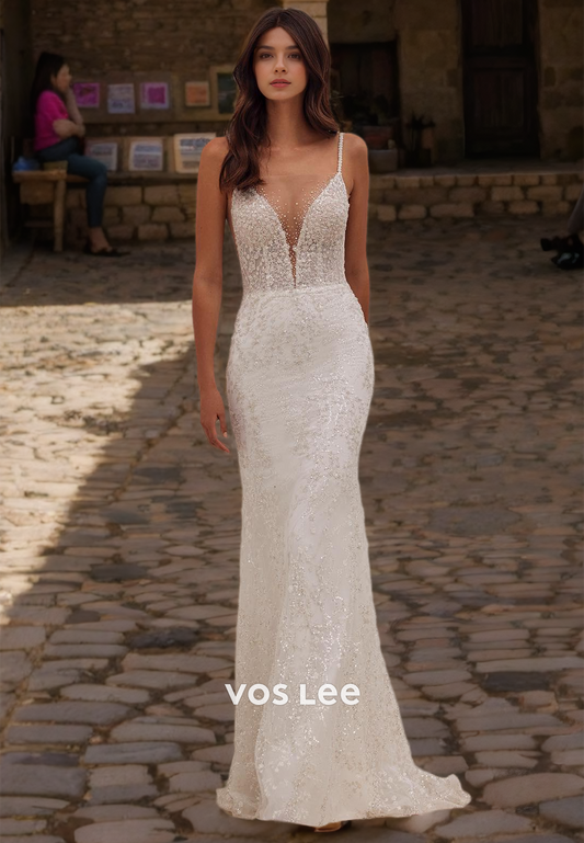 Graceful Column Plunging V Neck Spaghetti Straps Backless Lace Appliques Wedding Dress