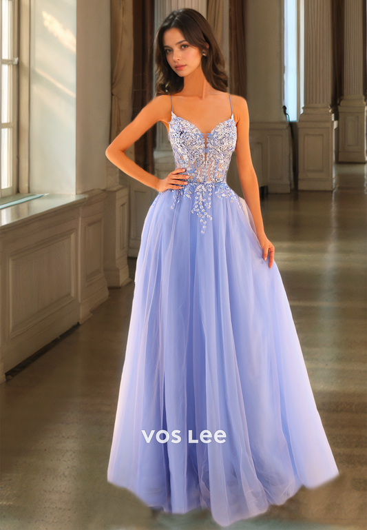 Classy A-Line V Neck Backless Lace Appliques Pleated Floor Length Tulle Prom Formal Dress