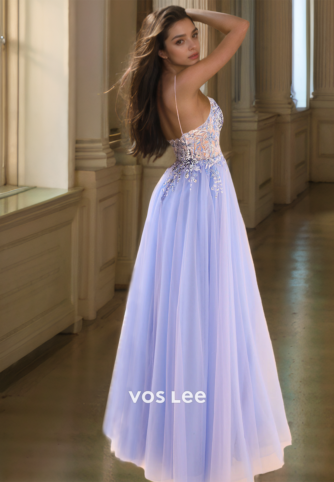 Classy A-Line V Neck Backless Lace Appliques Pleated Floor Length Tulle Prom Formal Dress