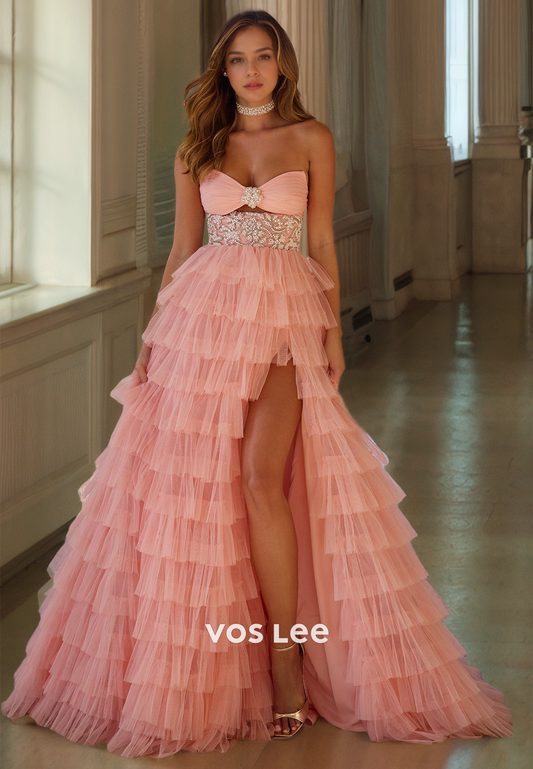 Gorgeous A-Line Sweetheart Backless High Split Sweep Train Tiered Tulle Prom Party Dress