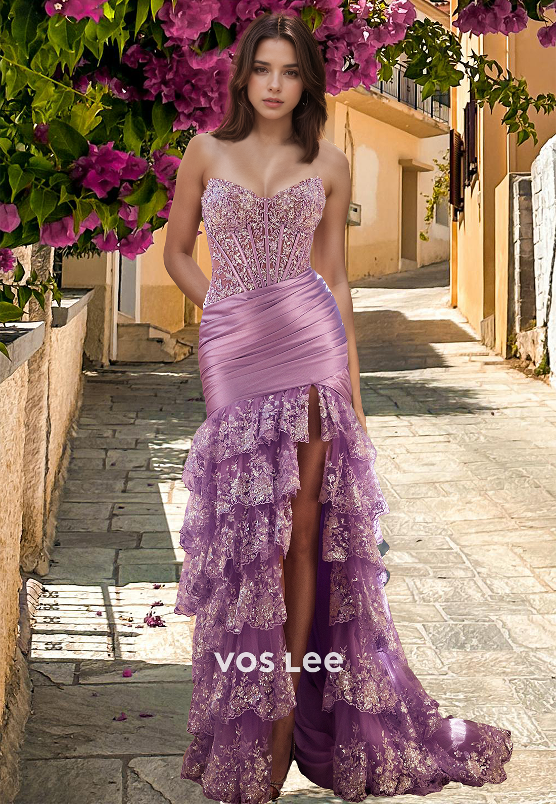 Purple Column Strapless Back Zipper Side Split Tiered Tulle Glitter Pr –  VOS LEE