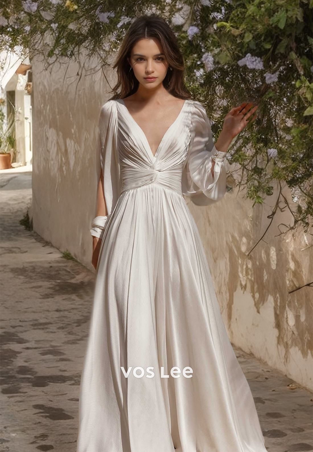 Elegant Deep V Neck Long Sleeves Draped Court Train Backless Wedding Dress