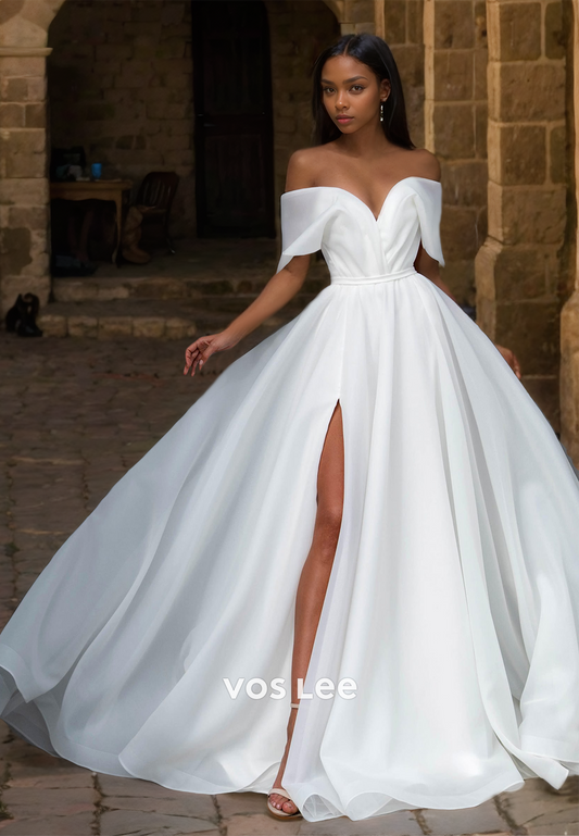 Graceful A-Line Off Shoulder Bow High Split Pleated Satin Wedding Gown