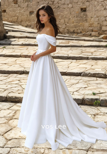 Simple A-Line Off Shoulder Back Zipper Pleated Court Train Satin Wedding Gown