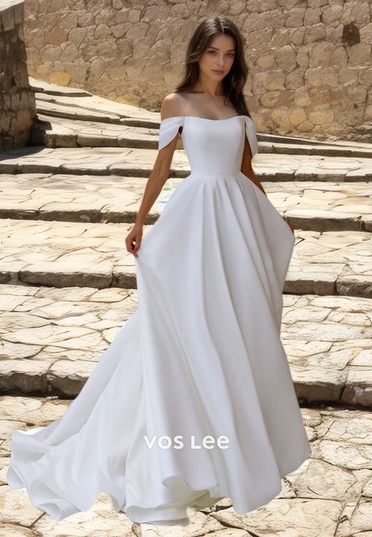 Simple A-Line Off Shoulder Back Zipper Pleated Court Train Satin Wedding Gown