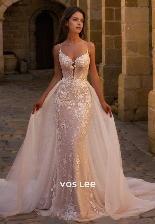 Gorgeous Sheath V Neck Spaghetti Straps Lace Appliques Tulle Wedding Dress